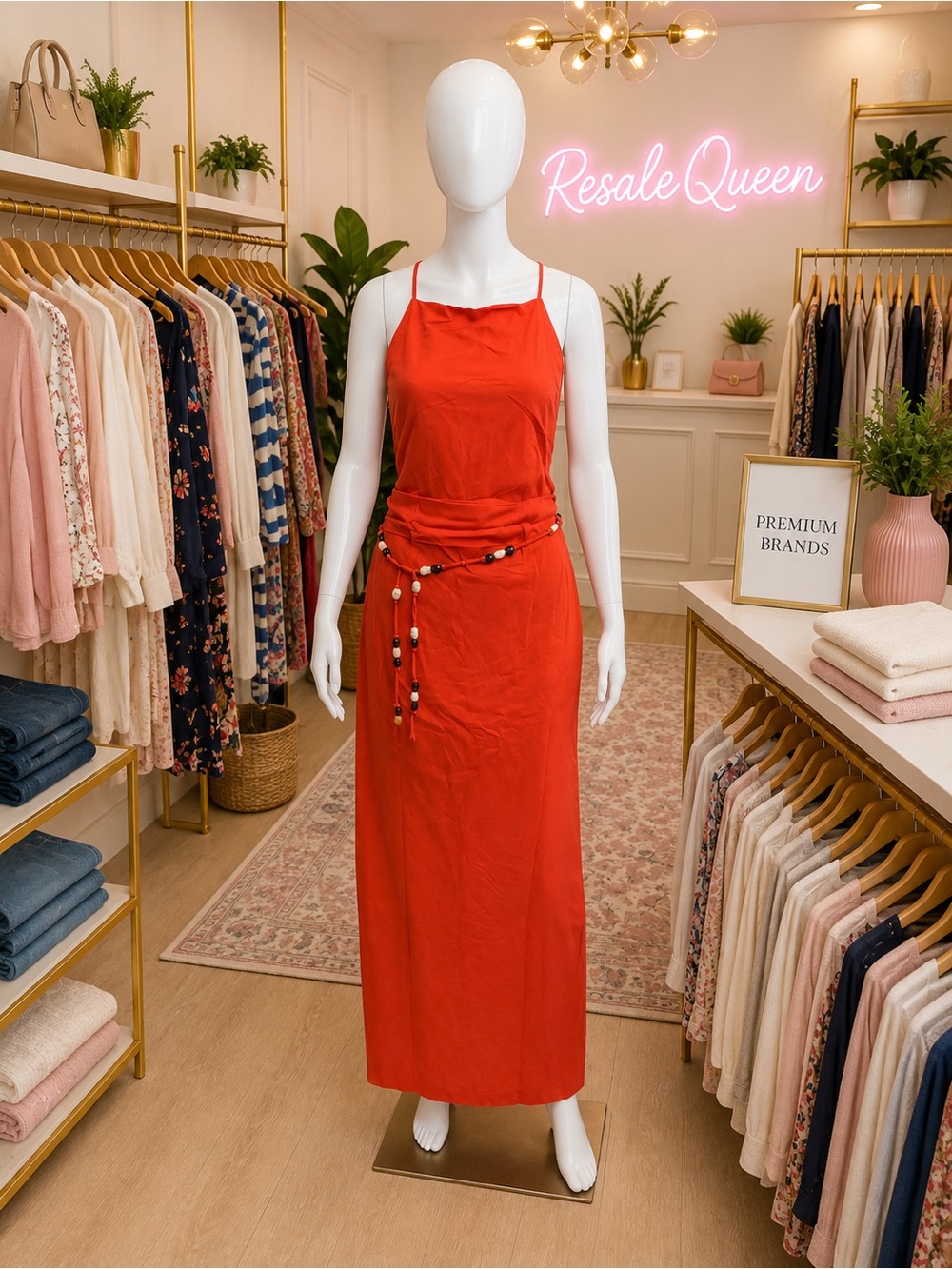 Elegant Red Sleeveless Maxi Dress with Beaded Waist Detail